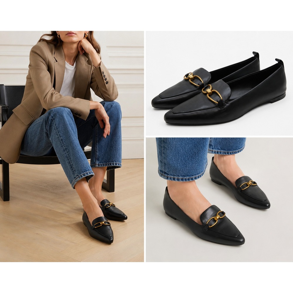 Veronica Beard Champlain Loafers 7 Black Leather Gold Horsebit Pointed Flats - Picture 3 of 8